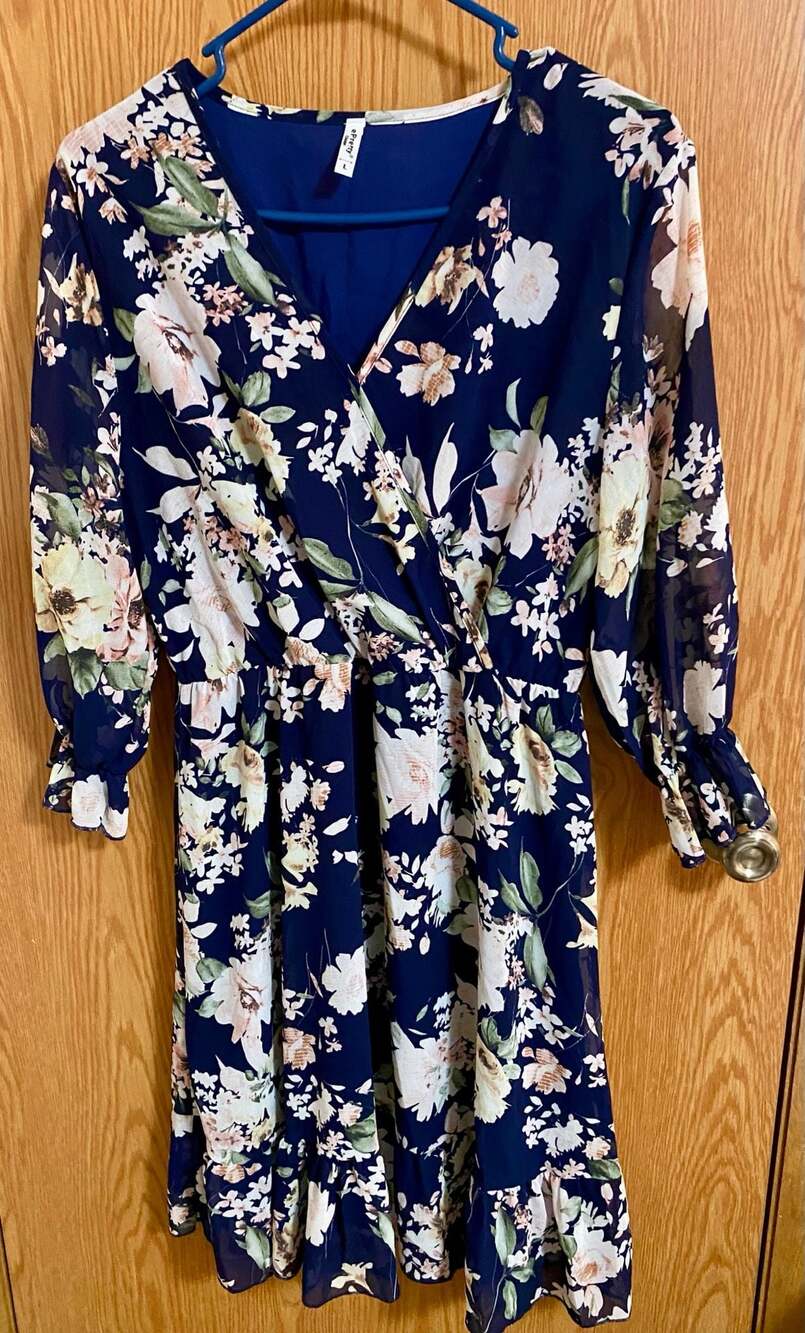 ePretty Chicago Navy Blue Floral Print Long Sleeve Wrap Dress with Ruffle Hem